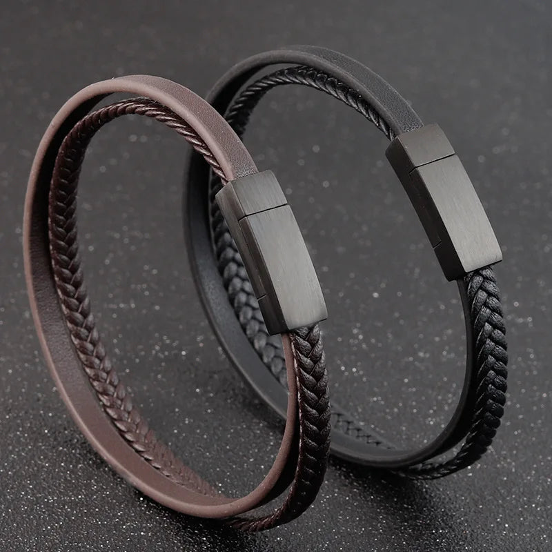 Simple Design High Quality Stainless Steel Clasp Handmade Real Genuine Leather Bracelet Men
