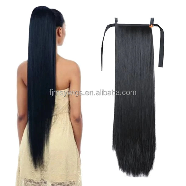 24 Inch Straight Long Ponytail Extensions Wrap Self-adhesive High Temperature Fiber Top Grade Quality Ponytails Hair Piece
