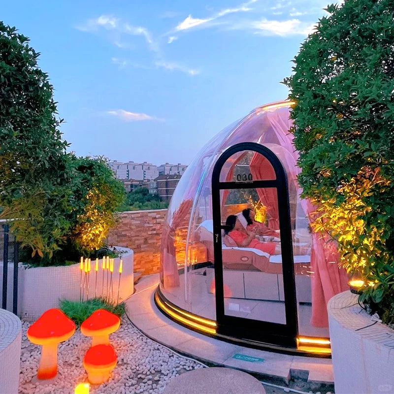 Full House Eco Outdoor Glamping in Winter Enclosure Geodesic Cost Dome Clear Round Dome Room