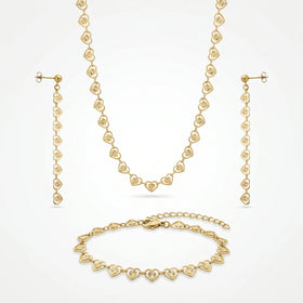 QIAOREN 11581 18K Gold Plated Stainless Steel Heart Jewelry Set Women Hollow Necklace Bracelet Dangle Earrings 3PCS