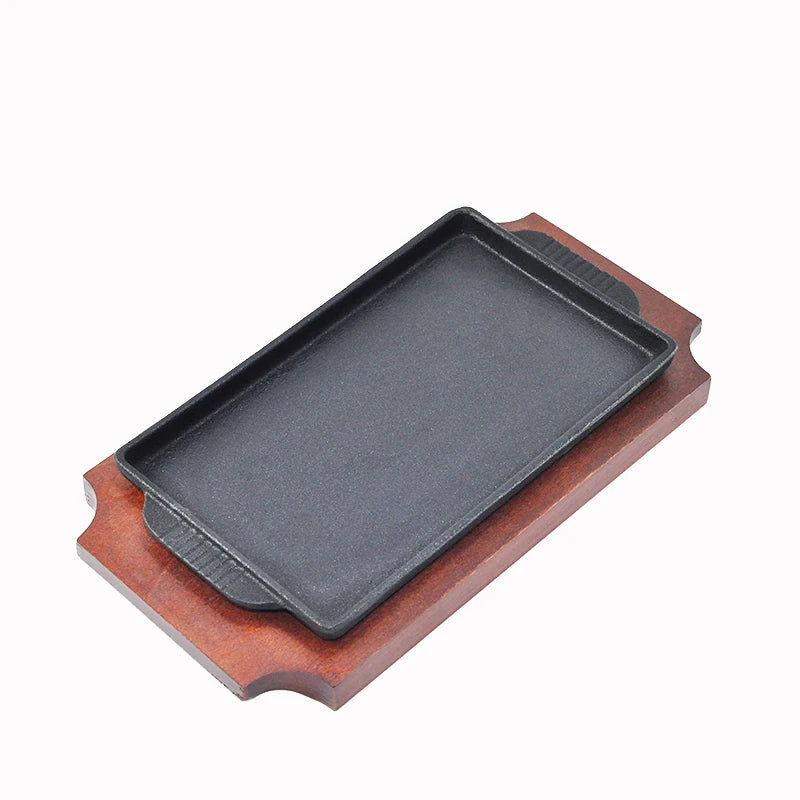 Factory Direct Supply Metal Sizzling Plate With Wooden Base for Steak