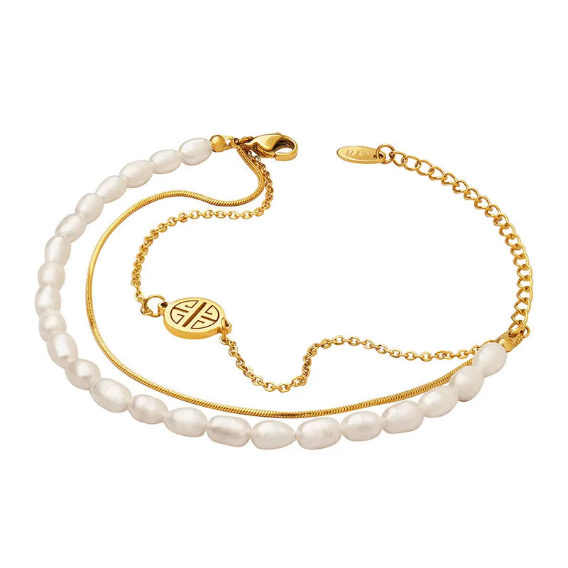 Stainless Steel Gold Plated Three Layers Irregular Pearl Bracelet Titanium Steel PVD Layered Freshwater Pearl Chain Bracelet