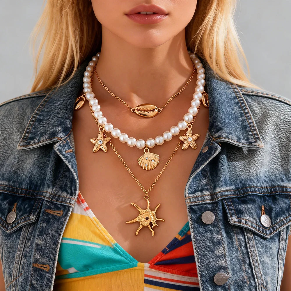 3Pcs/Set Vintage Stacked Starfish Conch Pendant Necklace for Women Trendy Lady Imitated Pearl Choker Fashion Jewelry Accessories
