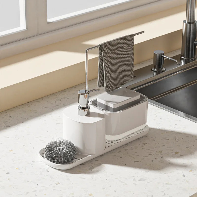 Sink Countertop Organizer Rack With Sponge Holder Dishwashing Soap Pump 2 in 1 Dish Washing Sponge Soap Dispenser