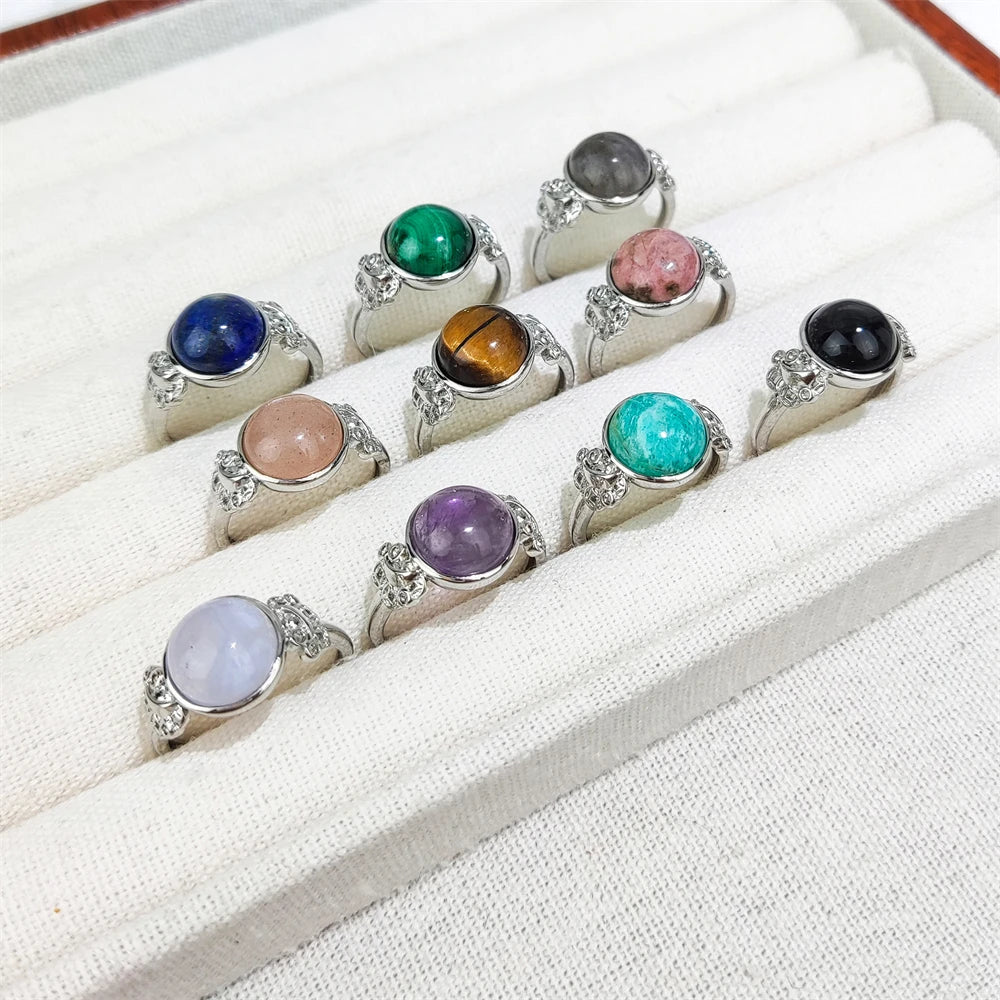 Customized Natural Gemstone Amethyst Rhodonite Amazonite Round Shape Blue Lace Agate Ring Healing Crystal Stone Ring for Gift