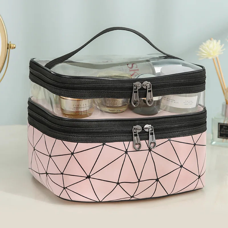 2024 New Double Layer Large Capacity Makeup Bag Waterproof Portable Travel Skincare for Toiletry Storage Bag Geometric PU Zipper