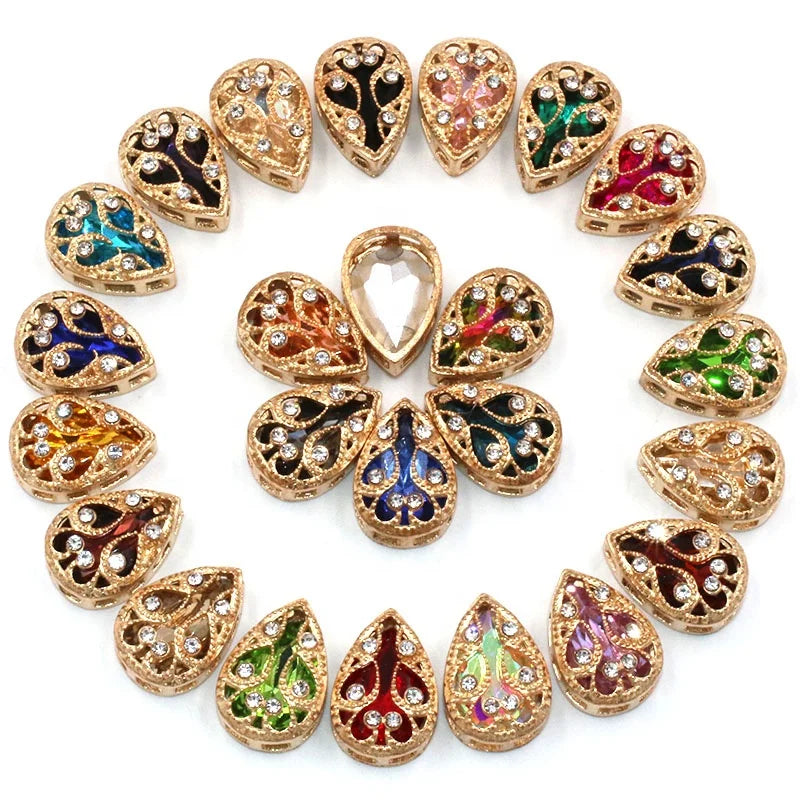 HFour New Arrival 3D Glass Nest Gold Claw Drop Shape 24 Color Flatback Sew-On Technique 10x14mm/13x18mm Loose Rhinestones