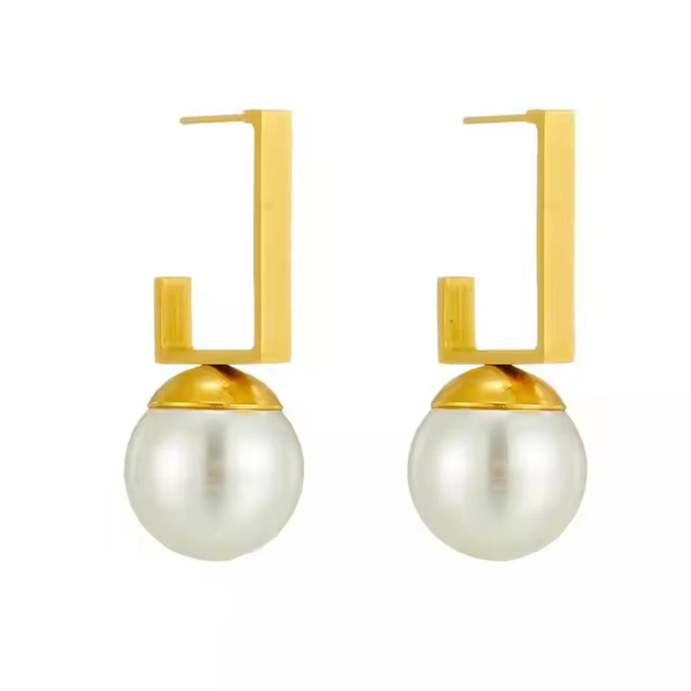 Fashion Stainless Steel 18K Gold Plated Big Perle Boucles D'oreilles Tendance Pearl Earrings Women