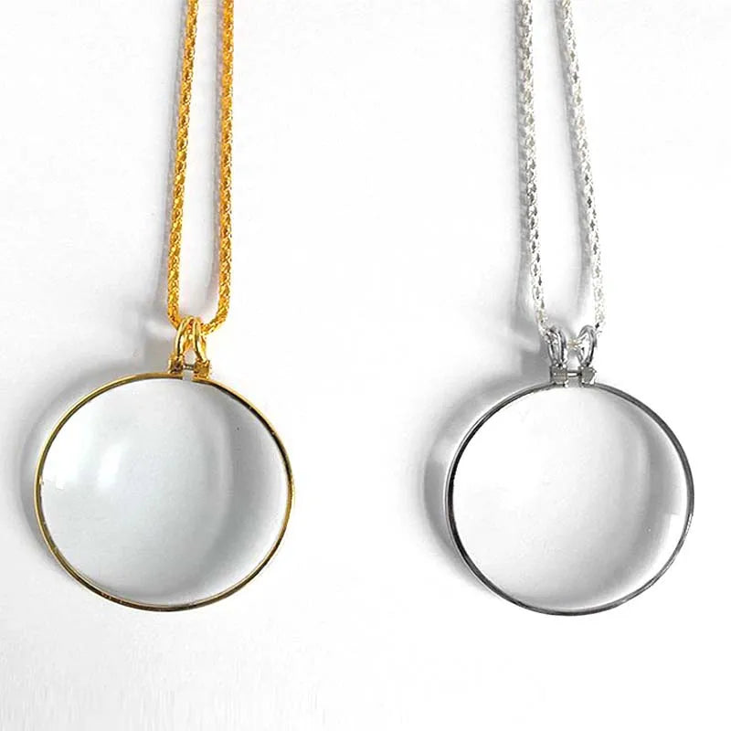 2PCS 5X Magnifier Reading Necklace 1.6 Inch Diameter Glass Lens Necklace Magnifying Pendant Necklace for Men Women