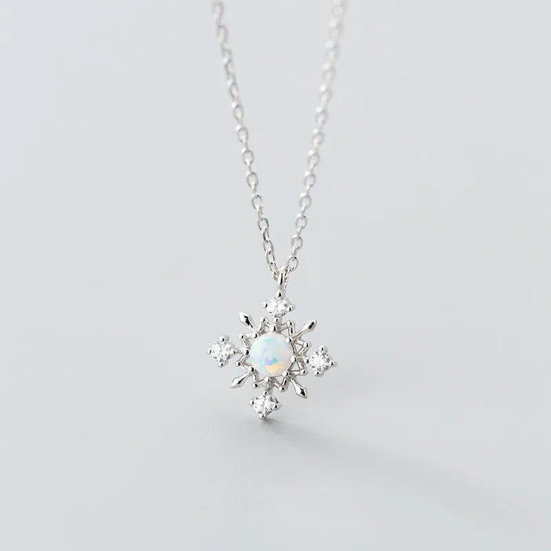 Fashion Jewelry 925 Sterling Silver Snow Flower Shaped Opal Pendant Necklaces for Women Christmas Gifts