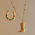 18K Gold Stainless Steel Western Anti Tarnish Jewellery Wholesale Colorful Cz Lucky Horseshoe Cowboy Boot Pendant Necklaces