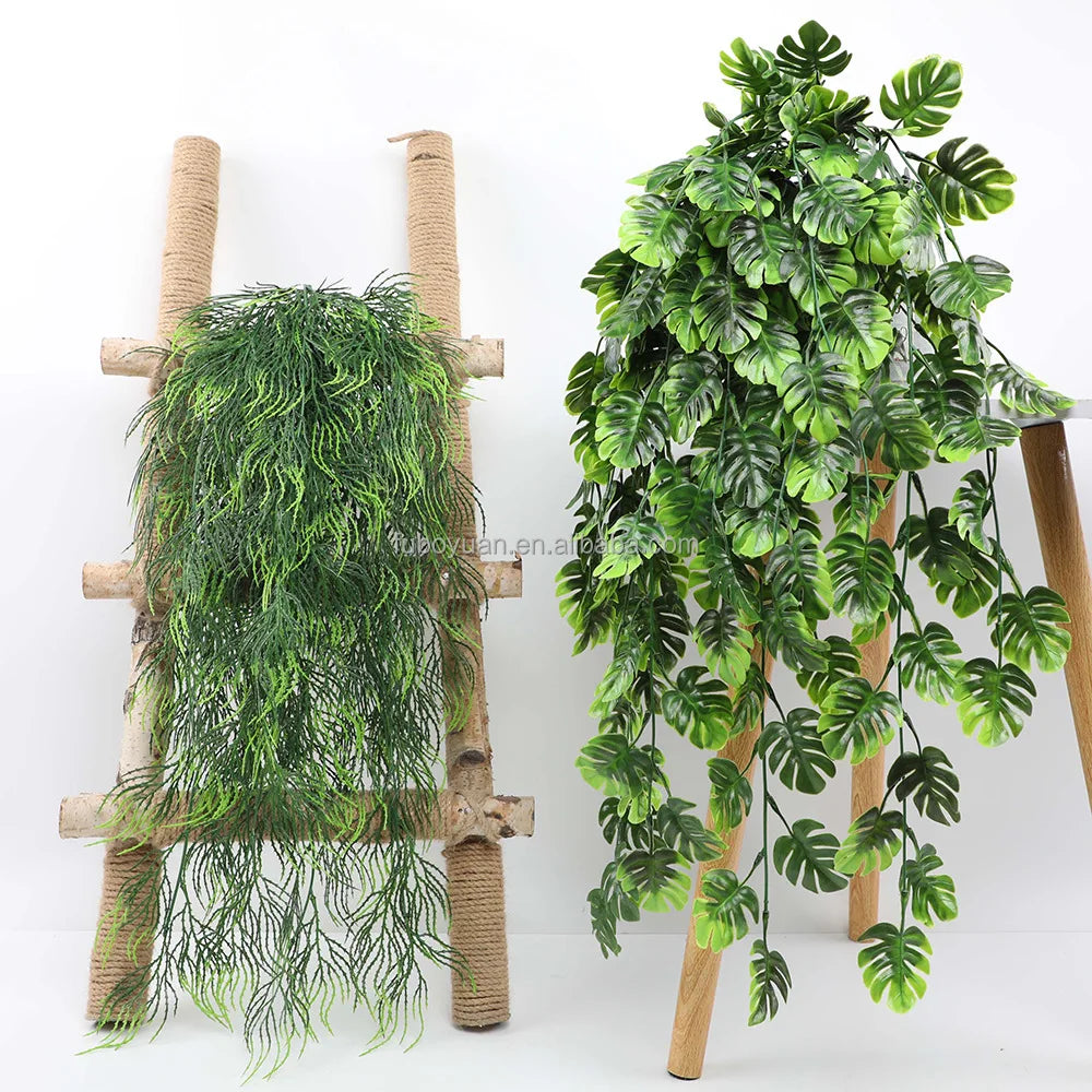 E1 Wholesale Green Fake Plant Tropical Fern Leaf Garland Greenery Ceiling Artificial Grass Wall Hanging Plants for Outdoor Decor