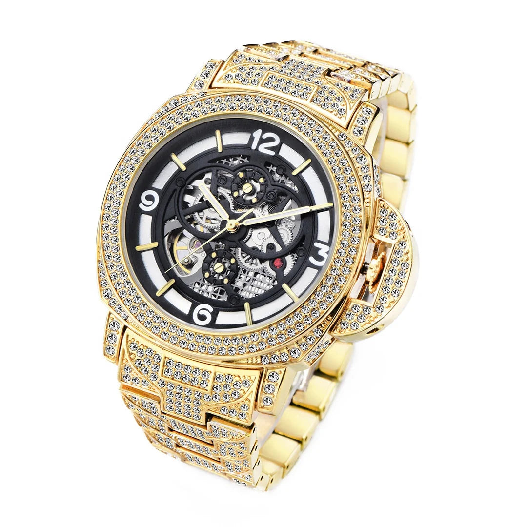 MISSFOX Luxury Skeleton Mechanical Automatic Watch Gold Bling Hip Hop Full Diamond Iced Out Watches Men Wrist