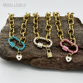 NM45617 Blue Pink White Enamel Oval Carabiner Heart Padlock Charm Gold Plated Rolo Chain Necklace Minimal Minimalist Jewelry