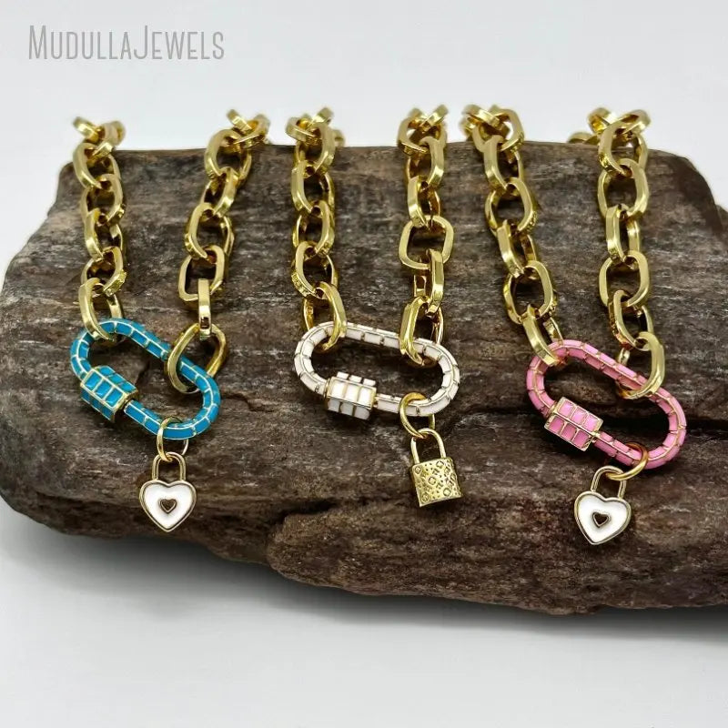 NM45617 Blue Pink White Enamel Oval Carabiner Heart Padlock Charm Gold Plated Rolo Chain Necklace Minimal Minimalist Jewelry