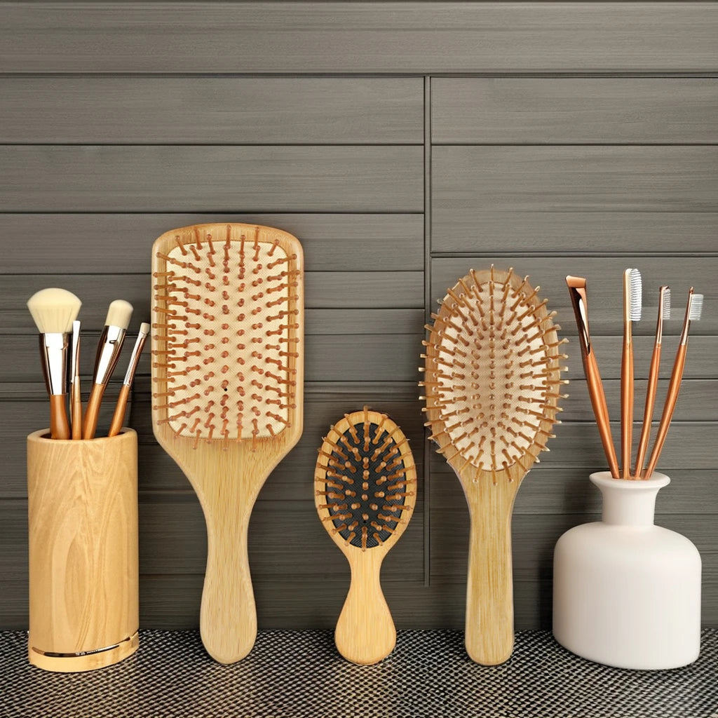 Bamboo Hairbrush for Massaging Scalp Air Cushion Hair Comb Paddle Detangling Hair Brush with Custom Logo