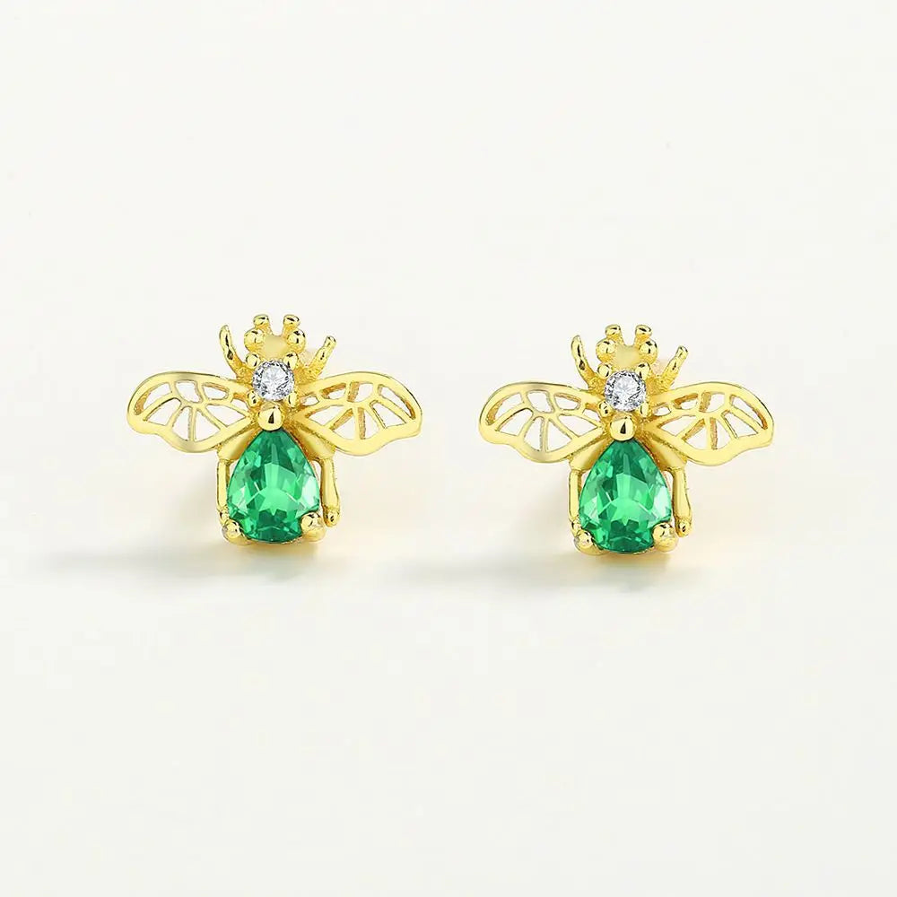 Cute Girl's Stud Wholesale 925 Sterling Silver Gold Plating Claw Setting Green Zircon Bee Stud Earring