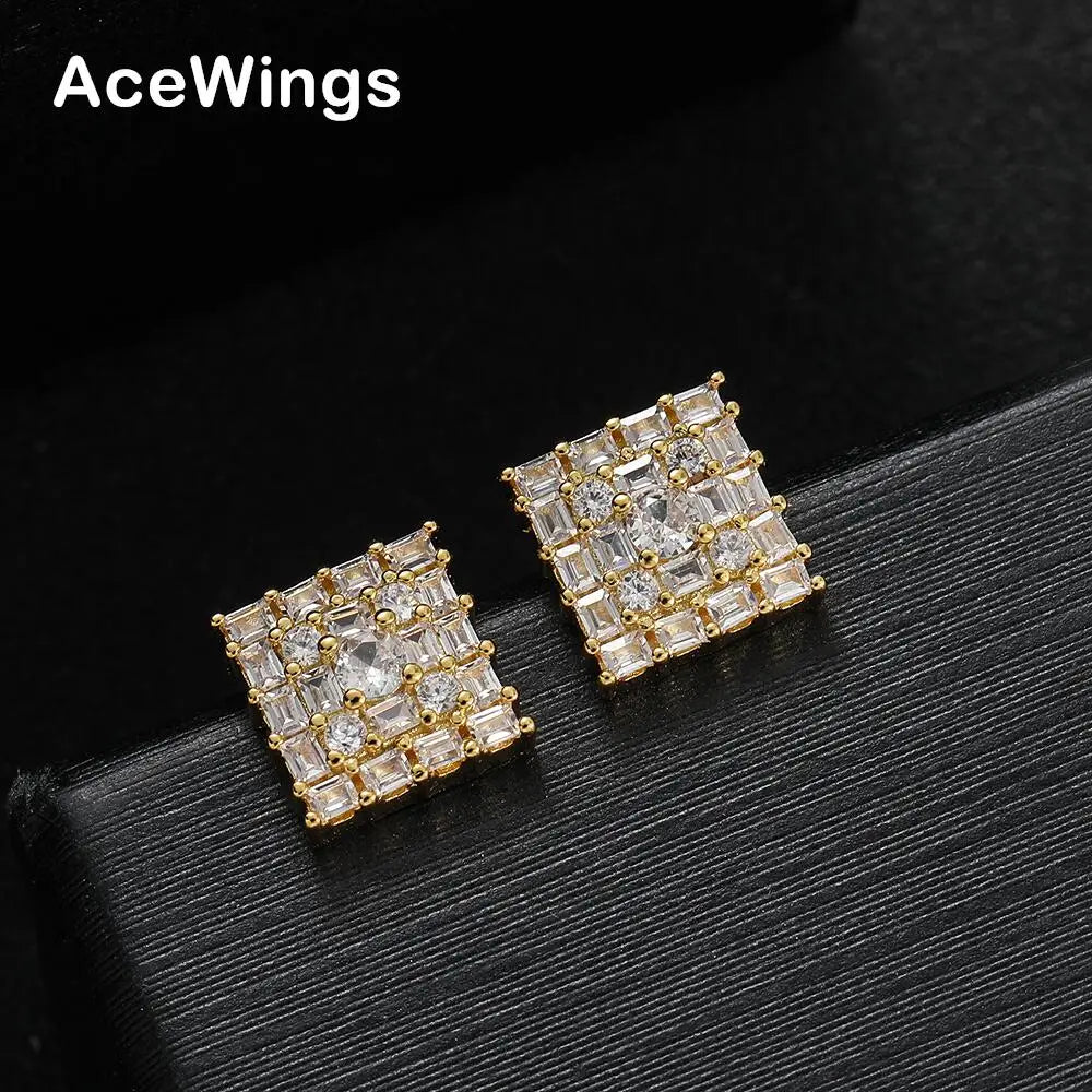 E075  Iced Men Earrings Brass CZ Stud Earring for Women Party Gift