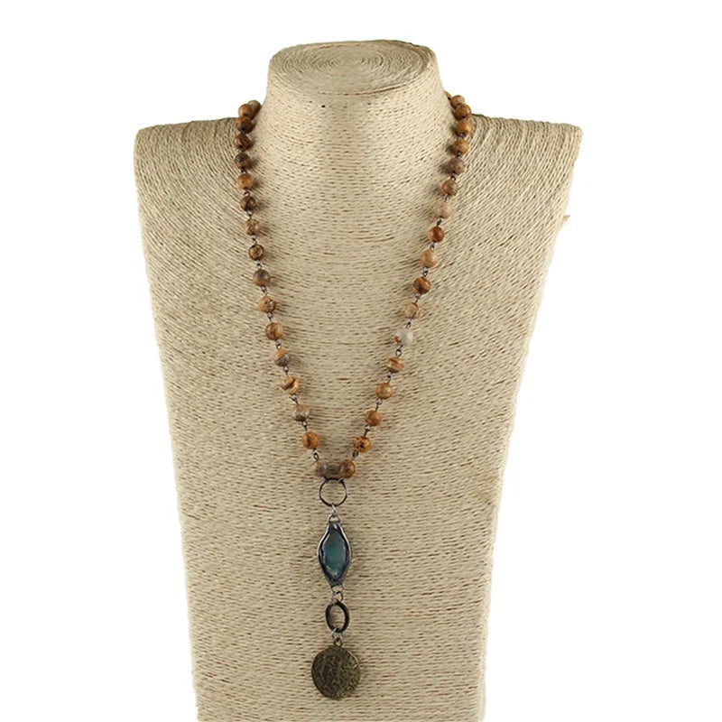 Women Wholesale Ethnic NecklaceJewelry Link Chain 8mm Tiger Eye Picture Jasper Necklace Stone Drop Charm Necklace
