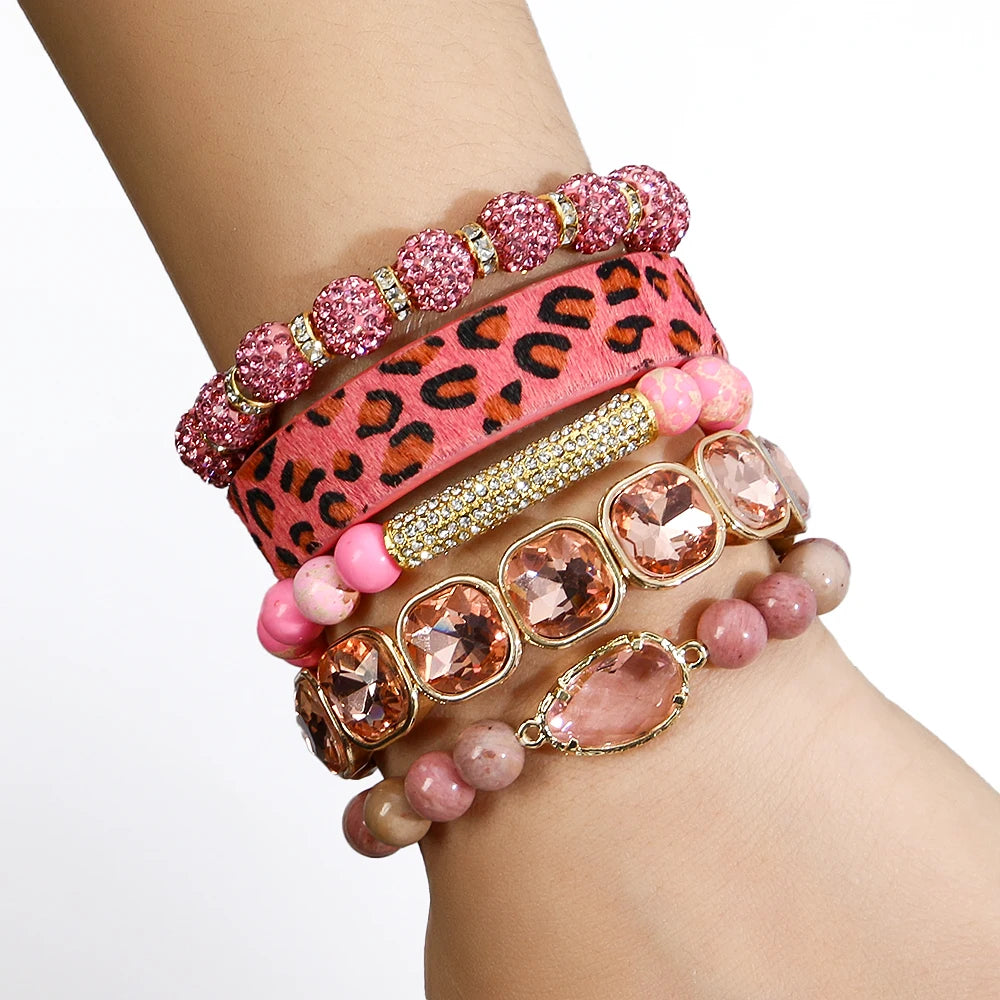 Women 5pc Stretch Natural Gemstone Female Crystal  Elastic Stack Bracelets Sets Handmade Leopard Horsehair Leather Bracelet Set