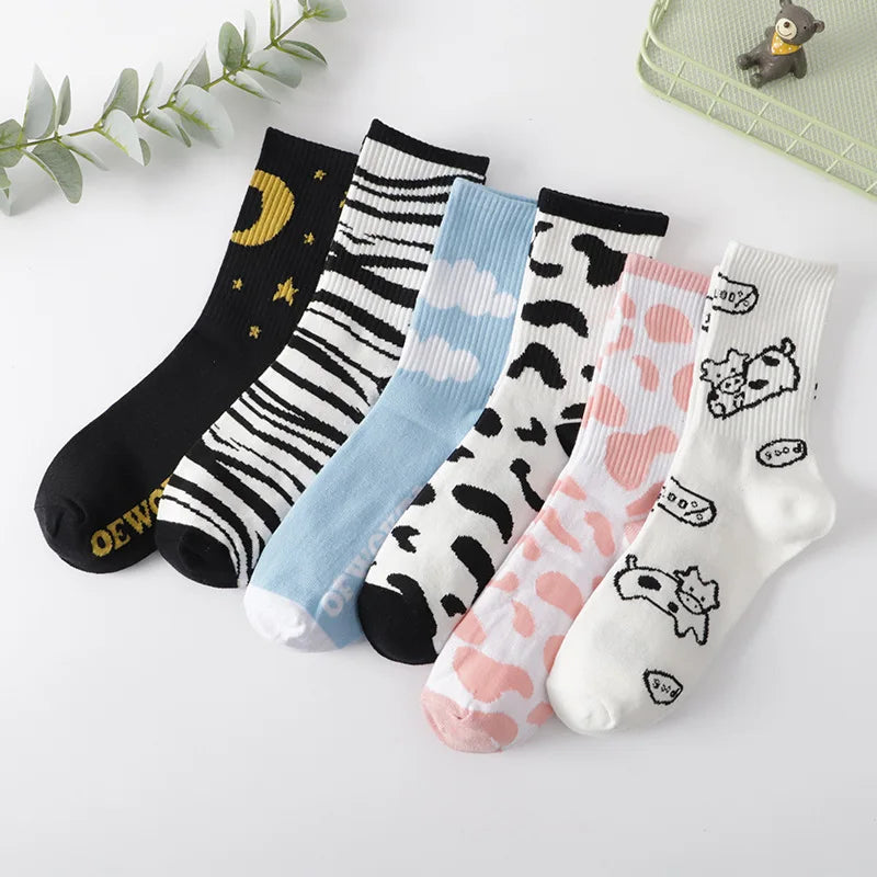 Women Cute Cartoon Cow Zebra Pattern Cotton Crew Sock Cloud Moon Star Sock