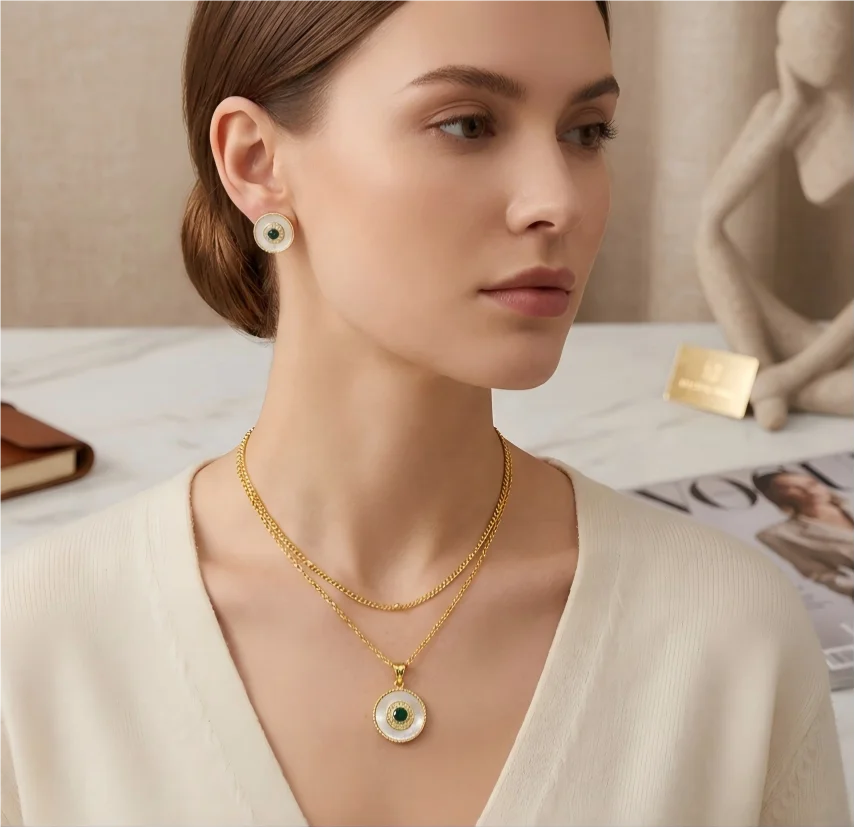 Ilona Vintage 18K Gold Plated Layered Mother of Pearl Copper Jewelry Set Green Stone Necklace Stud Earrings for Women Gift