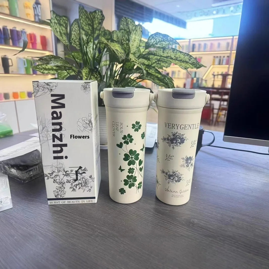 New Pattern 304 Stainless Steel Insulated Lucky Cup Four-Leaf Clover Dual-Drink Thermal Coffee Tumbler Cup Thermos Vacuum Flask