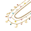 RisingMoon Sweet Simple Style Summer Colorful Moon Star Pendant Diamond Chain Multi-layer Necklace