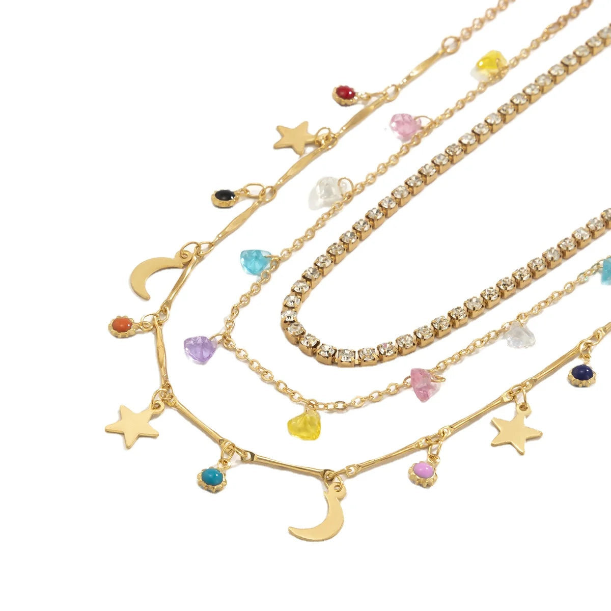 RisingMoon Sweet Simple Style Summer Colorful Moon Star Pendant Diamond Chain Multi-layer Necklace