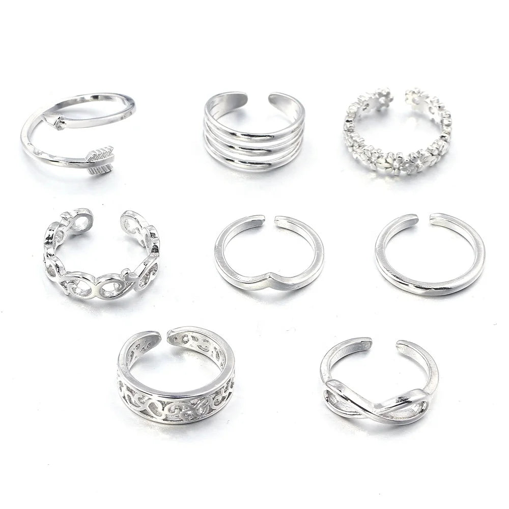 Gaby Adjustable Toe Rings for Women Summer Beach  Silver  Toe Ring Set of 8-piece Foot Jewelry