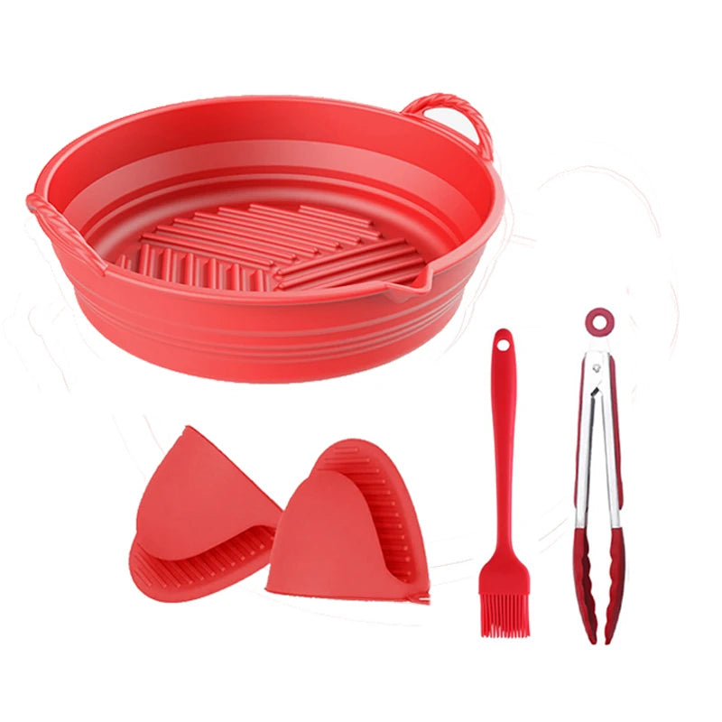 7.5 / 8.5 Inches New Air Fryer Silicone Accessories Kit  Reusable Folding Collapsible Liner Pot Brush Glove Set Gift Box Package