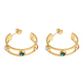 Hollow Stainless Steel Earrings Women Jewelry 18K Gold Plated Pearl Green Zircon Stone Hoop Earrings