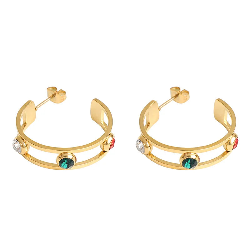 Hollow Stainless Steel Earrings Women Jewelry 18K Gold Plated Pearl Green Zircon Stone Hoop Earrings