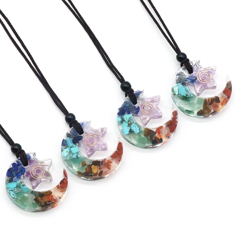Star Moon Shaped Natural Stone Healing Crystal Pendant Charms Necklaces Crystal Chips 7 Chakra Necklace Reiki Yoga Jewelry Gift
