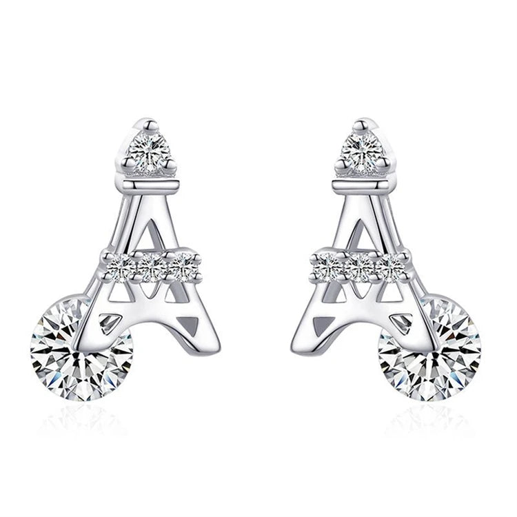 925 Sterling Silver Women CZ Diamond Paris Tower Stud Earrings