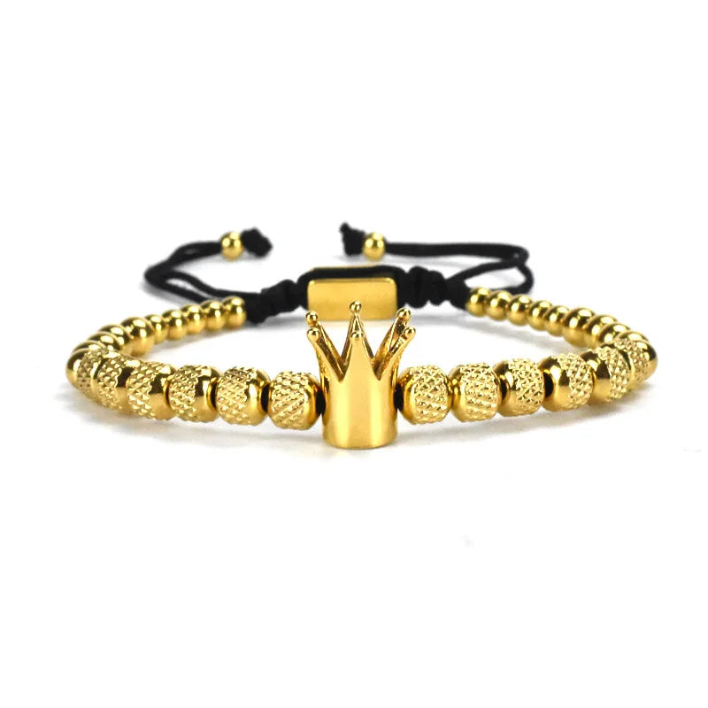 6 8MM Stainless Steel Bracelets Adjustable Bead Stainless Steel Crown Bracelets for Women Men
