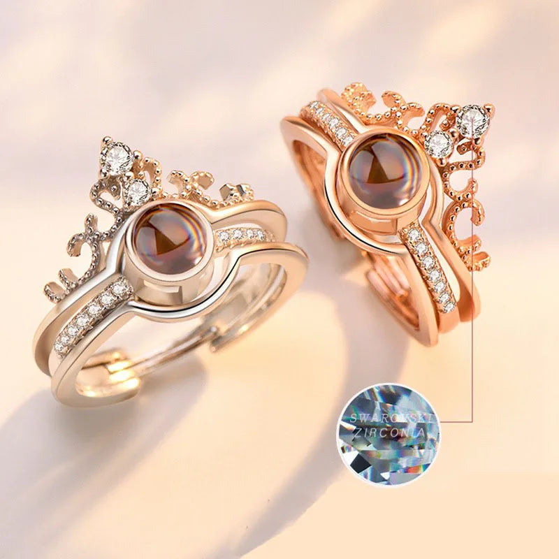 Fashion New Opening Adjustable 100 Languages I Love You Memory Projection Ring Crown Inlaid Zircon Couple Wedding Ring Set