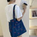 Cute Cherry Embroidery Women's Shoulder Bag Soft Denim Female Commute Shopping Bags Large Capacity Ladies Retro Tote Handbag