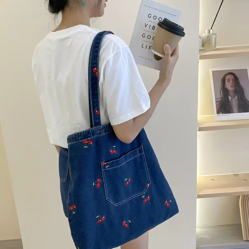 Cute Cherry Embroidery Women's Shoulder Bag Soft Denim Female Commute Shopping Bags Large Capacity Ladies Retro Tote Handbag