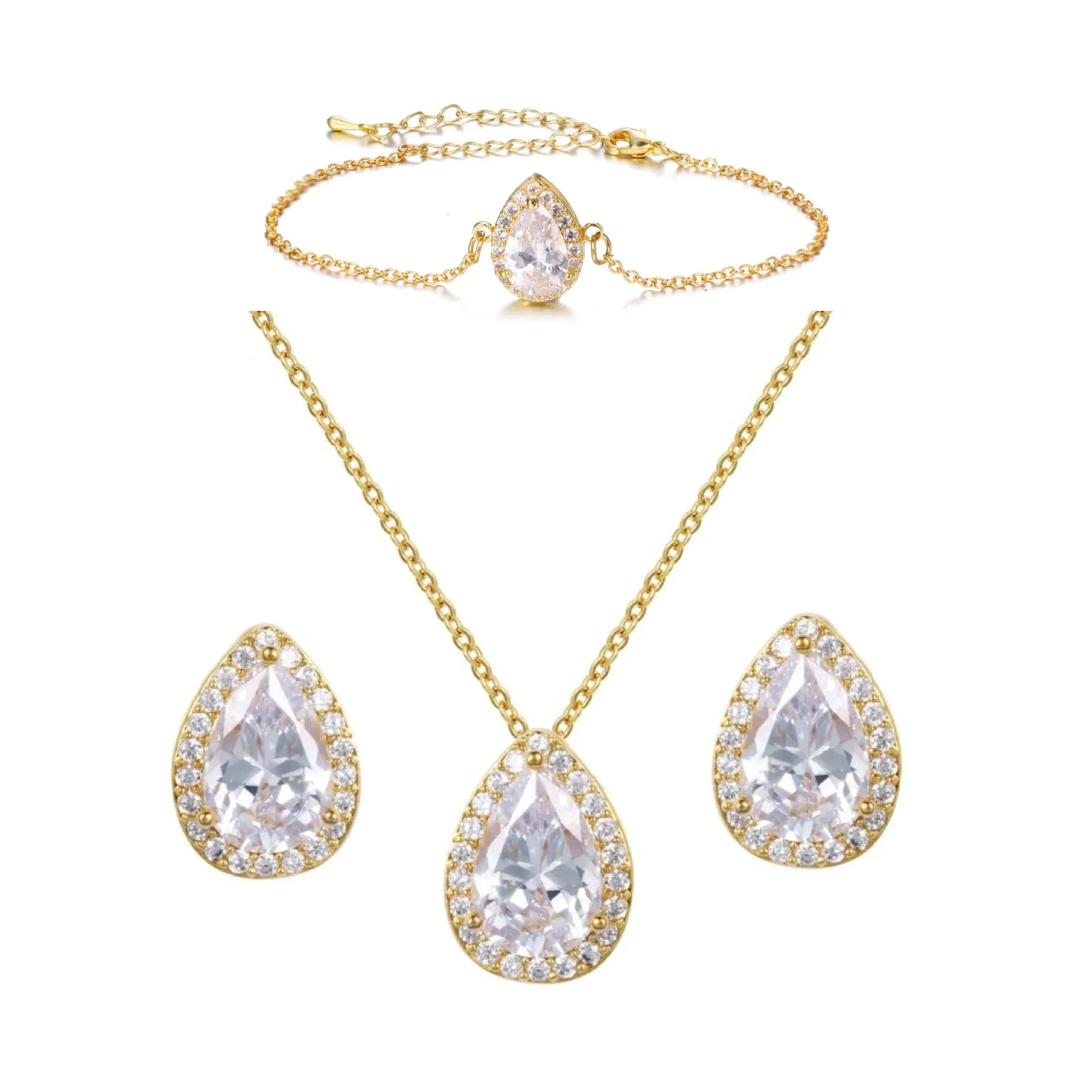 Luxury Delicate Water Drop Crystal O Chain Cubic Zircon Necklaces Earrings Bracelets-3 Piece Brass Jewelry Sets for Women