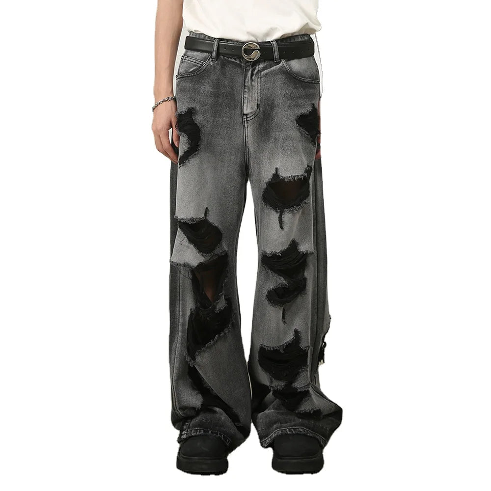 Custom Men's Loose Destroy Washed Baggy Denim Jean Trousers Sun Faded Oversize Vintage Acid Washed Distressed Summer Winter