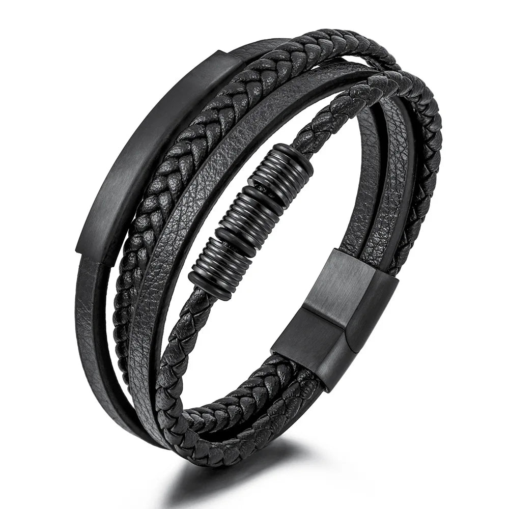 Handmade Bisuterias Pulseras Multi-layer Leather Woven Bracelet Stainless Steel Charms Bracelet for Men