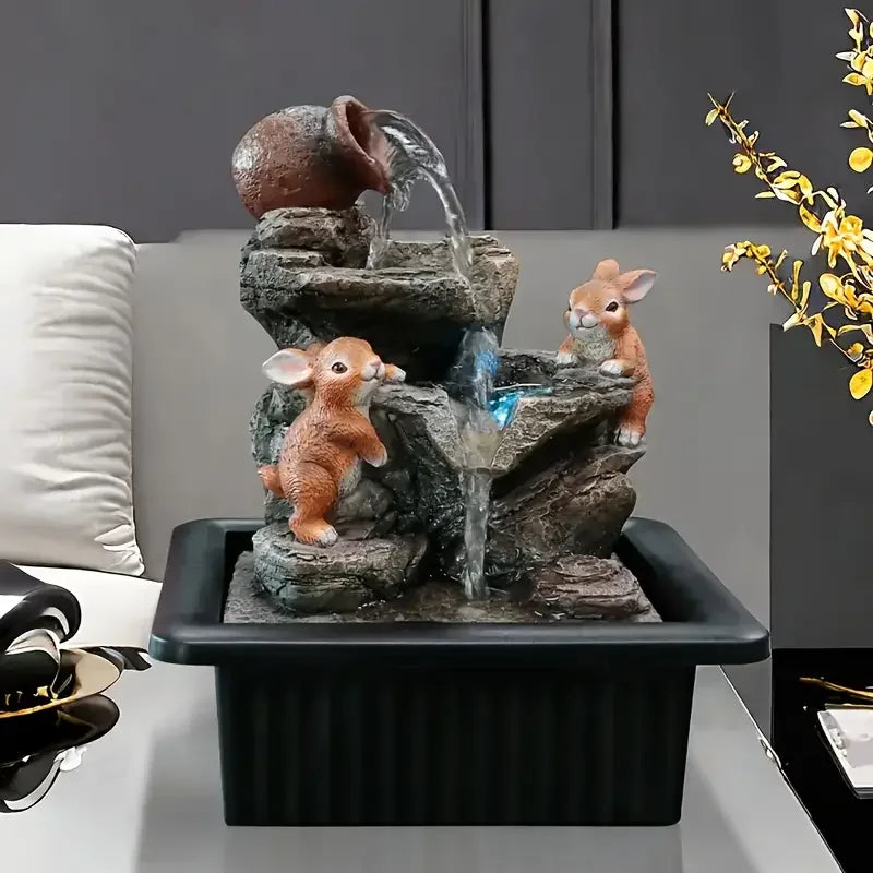 Hot Sale Modern Resin Waterfall Fountain with Rabbit OrnamentsIndoor Home Decor for Living RoomRelaxing Tabletop Water Feature