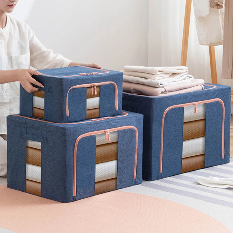 66L High Capacity Foldable Stackable Container Linen Cloth Organizer Metal Frame Storage Bins Basket Set With Clear Window