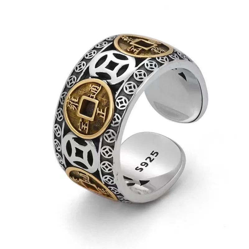 AA00019 Chinese Ring Coins Adjustable Rings for Women Men Amulet Wealth Lucky Jewelry Birthday Gift