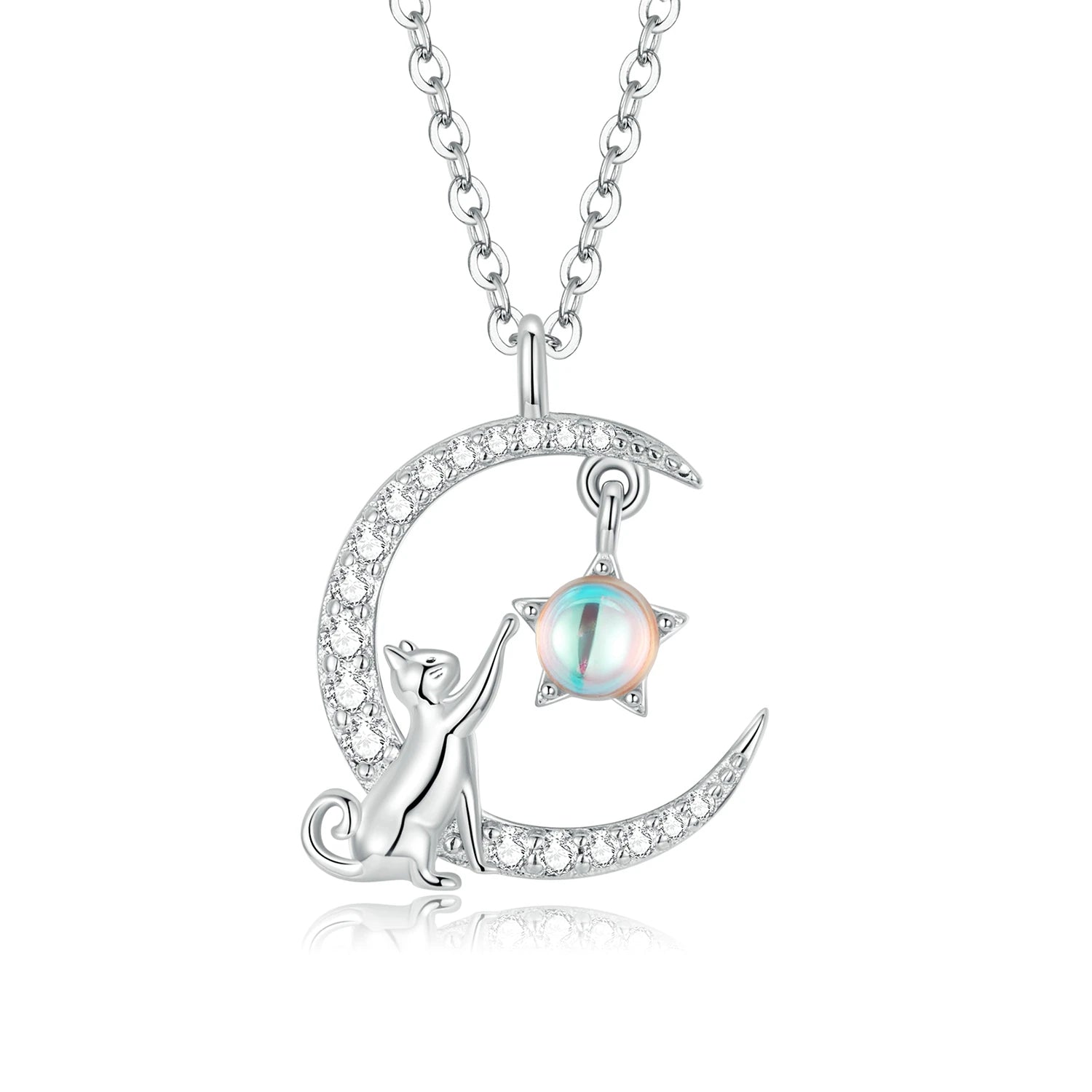 925 Sterling Silver Cat Moon Pendant Necklace Cute Animal Jewelry Gift for Women Fine Necklaces SCN486