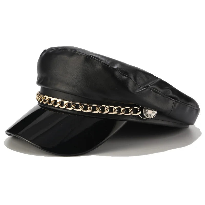 Summer Elegant Beret Newsboy Cap with Female Metal Chain Decor Fiddler Baker Hat Flat Top Hat for Outdoor Daily Use