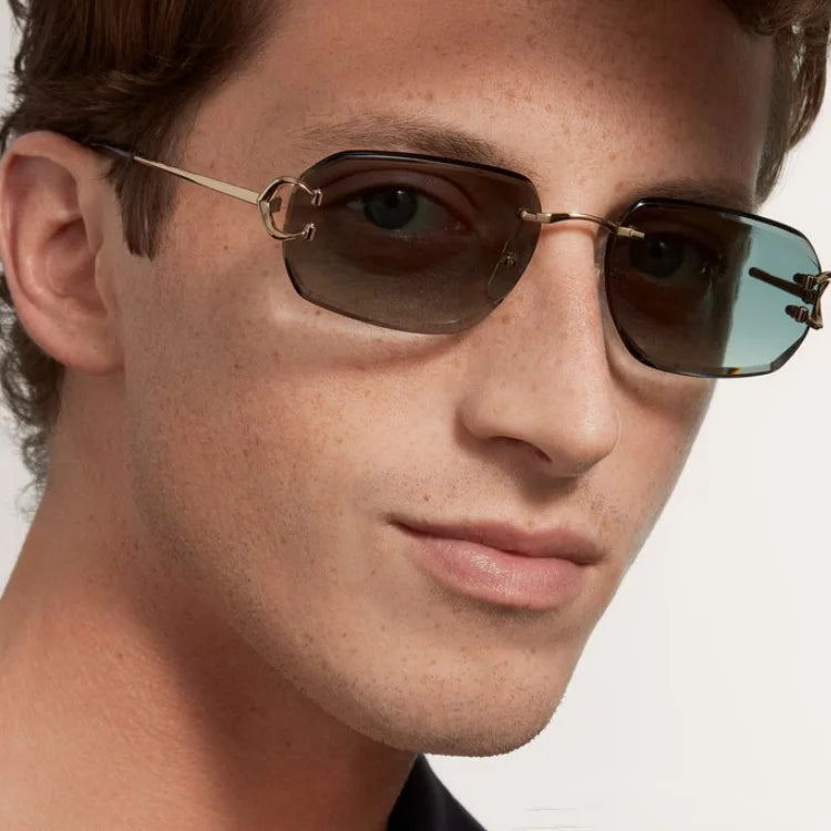 2025 Top Quality Beach Accessories Round Metal High Grade Gradient Blue Shade Square Rimless Cut Edge Sun Glasses