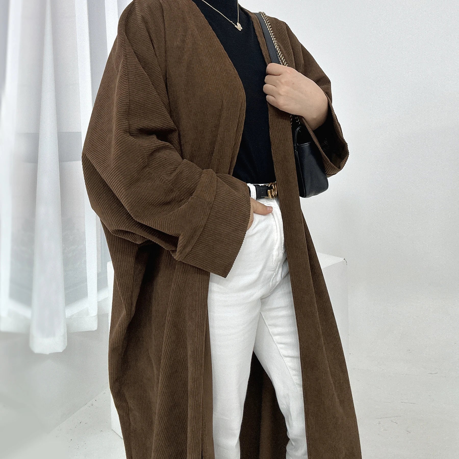 Loriya Autumn Winter Corduroy Women Abaya Femmes Robe Musulmane Modest Dresses Abaya Turkey Islamic Clothing