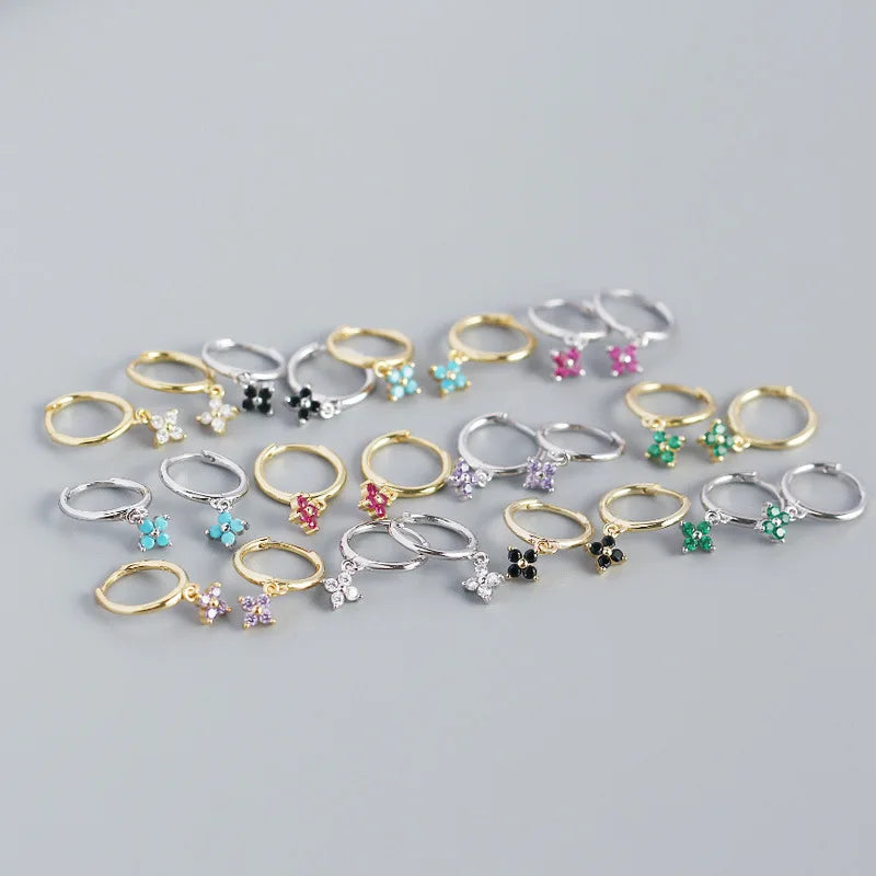 Wholesale 925 Sterling Silver Flower Huggie Hoop Earrings Red Blue Black Purple Cz Stone Charm Drop Dangle Earrings